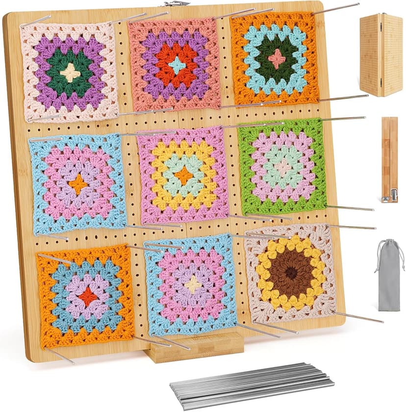 NewEle 17.0" Foldable Crochet Blocking Board with 40 Stainless Steel Pegs - Upgrade Large Blocking Boards for Crochet Projects, Bamboo Granny Square Crocheting Accessories Gifts for Crocheters