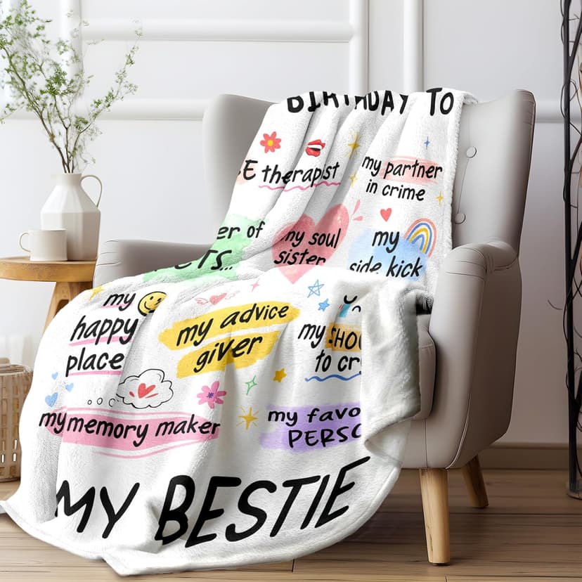 Best Friend Bestie Birthday Gifts for Women, Soft Flannel Blanket, Friend Birthday Gifts for Women Friendship, Happy Bday for Bestie BFF, 50 x 60 inches