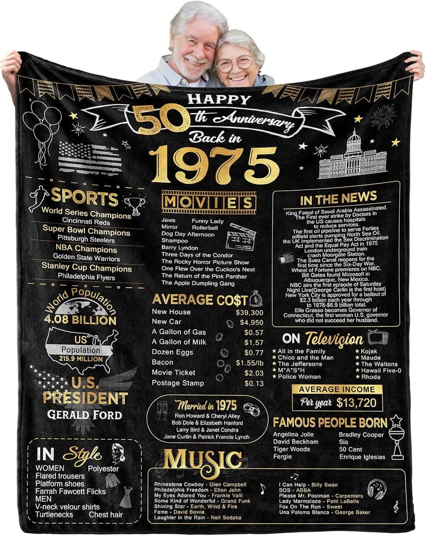 50th Anniversary Wedding Blanket Gifts Gift for 50th Wedding Anniversary Golden 50 Years of Marriage Gifts for Couple Wife Husband Dad Mom Parents Back in 1975 Blanket 60Lx50W