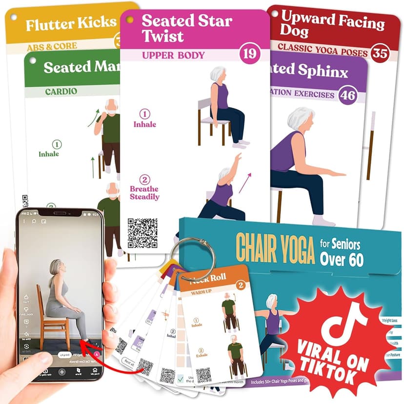 Chair Yoga for Seniors Over 60, Safe & Easy Chair Yoga Exercise Cards for Strength, Relaxation & Recovery, Thoughtful Gifts for Mom, Dad, Grandparent