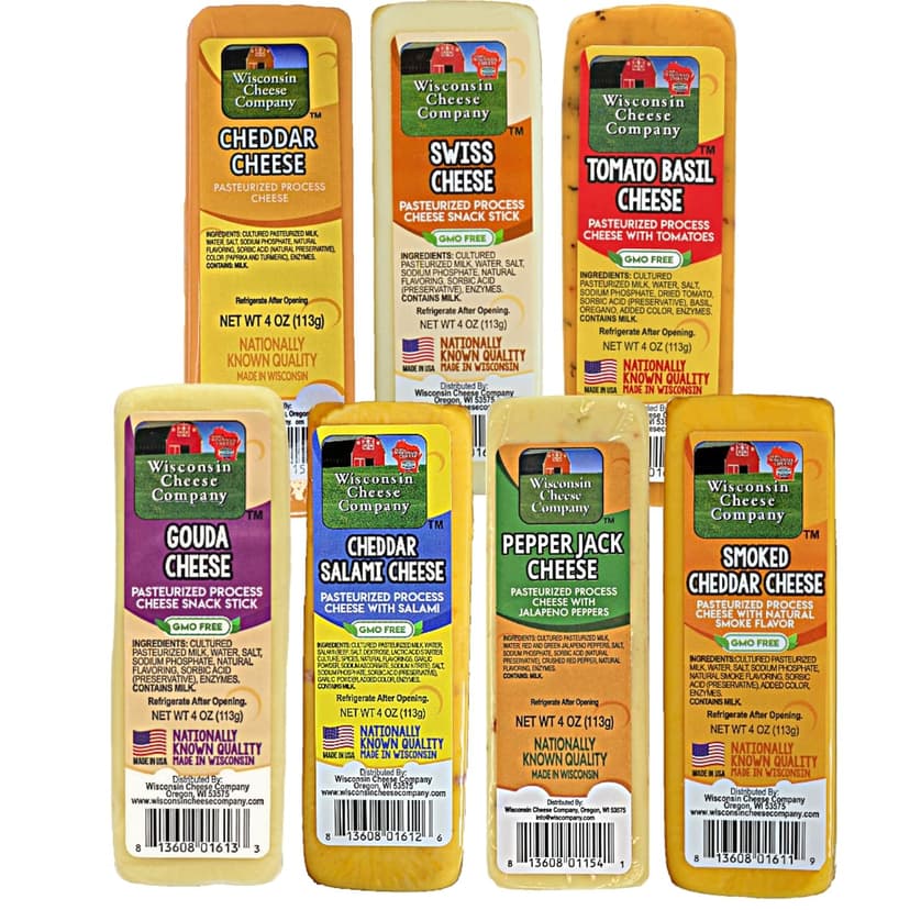 Wisconsin Cheese Company - Specialty 100% Wisconsin Cheese Block Assortment Sampler - (Pack of 7 Blocks) Cheddar, Pepper Jack, Swiss, Gouda, Salami, Smoked Cheddar & Tomato Basil | Locally Sourced | Perfect for Parties, Charcuterie Boards and Birthday Gifts | Great Birthday Gift for Cheese Lovers