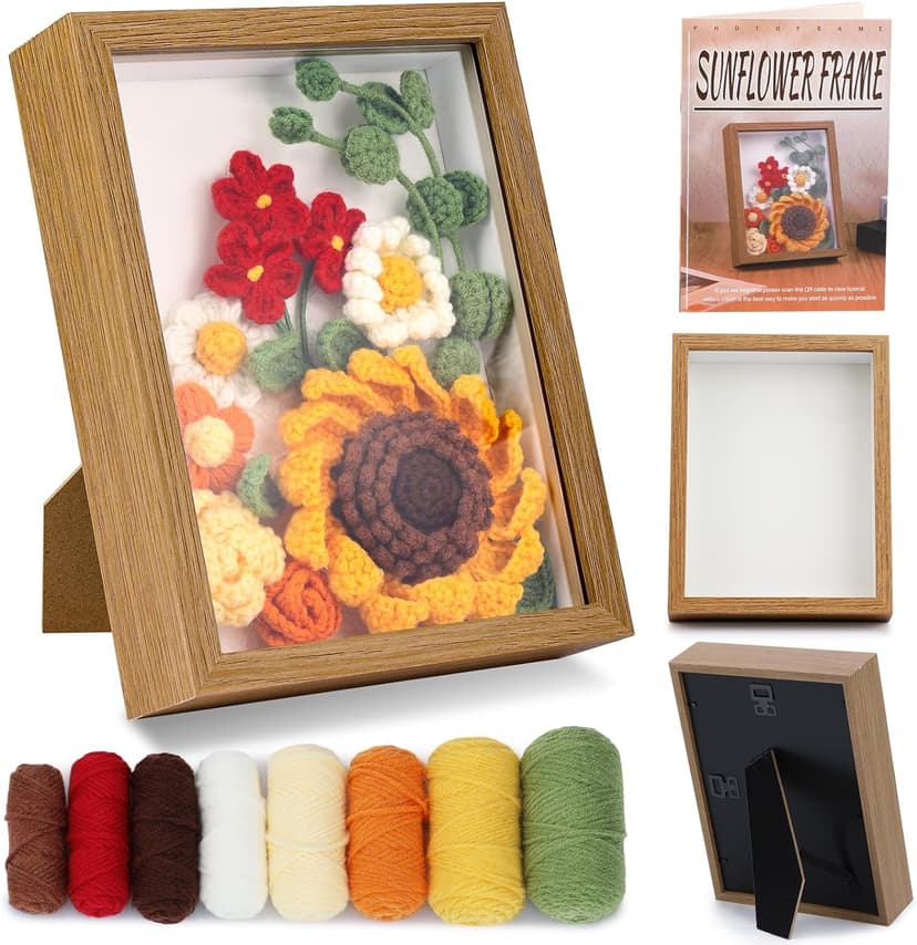 IMZAY Sunflower Crochet Kit with Photo Frame, Sunflower Knitting Weaving Set with Yarn, Hooks, Instruction, Stitching Markers, Fiber Fill, Floral Wire, Crochet Set for Mother's Day, Thanksgiving Day