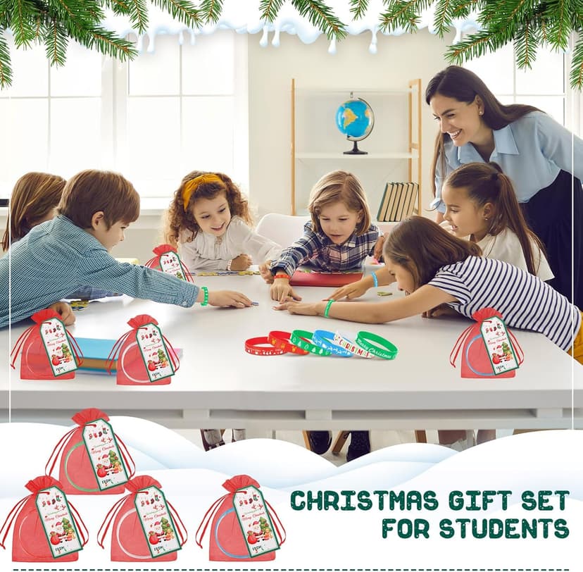 Liliful 72 Pcs Christmas Gifts 24 Set Christmas Students Gifts, Xmas Silicone Wristbands with Gift Label Tags and Organza Bags for Kids Stocking Stuffers Classroom Gift Party Favors(Merry Style)