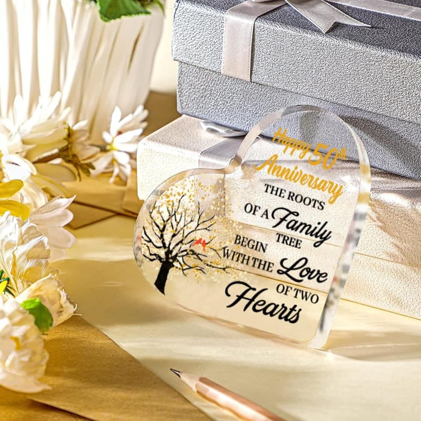 50th Anniversary Wedding Gifts for Couple Parents, Acrylic Heart Cake Topper Decorations, 50 Year Anniversary Presents Gifts Idea for Her Him