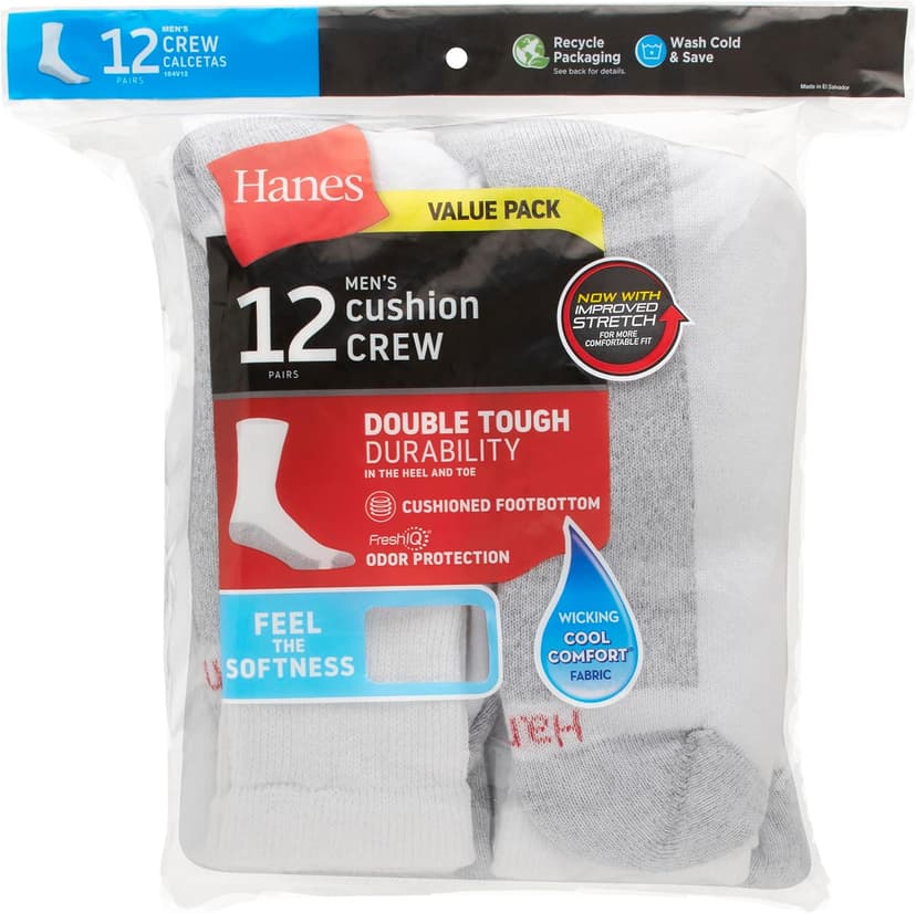 Hanes Men's Double Tough Crew Socks, 12-Pair Pack