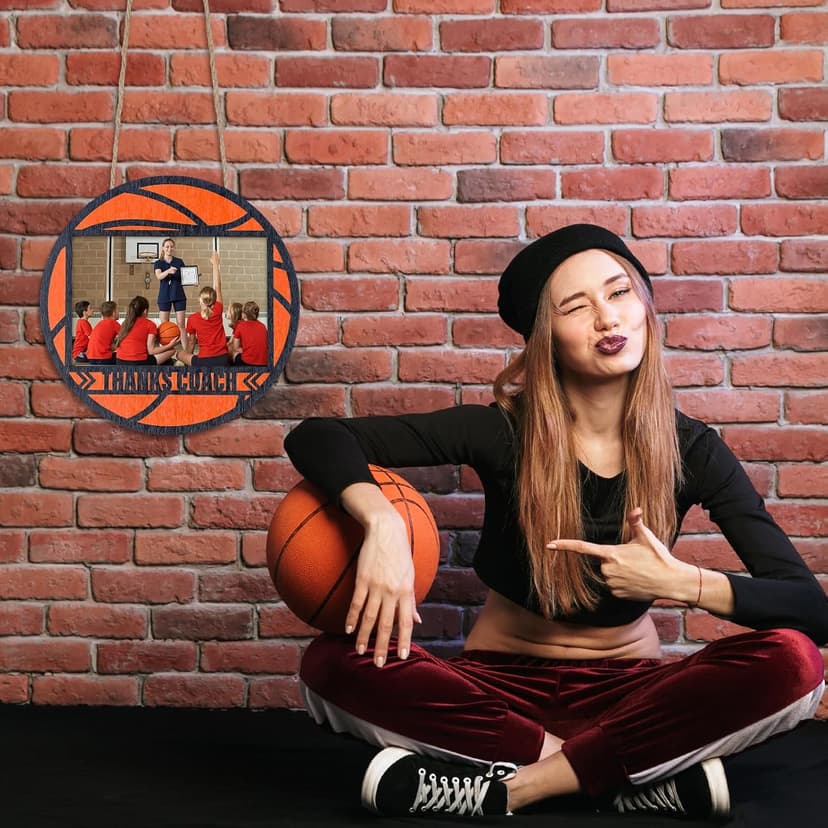 Ball Signable Picture Frame with Pen Thanks Coach Gift from Team, Senior Night Gift， Coaches Appreciation Basketball Home Plate Plaque (Orange,Basketball,Round)