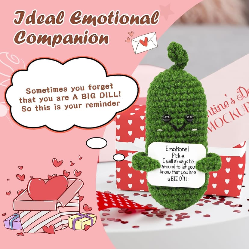 Hoedia Handmade Emotional Pickle Gift, Cucumber Crochet Doll Inspirational Gifts with Cards, Cute Knitted Funny Support Potato Friend Birthday Mothers Day Easter Basket Stuffers (Emotional Pickle)
