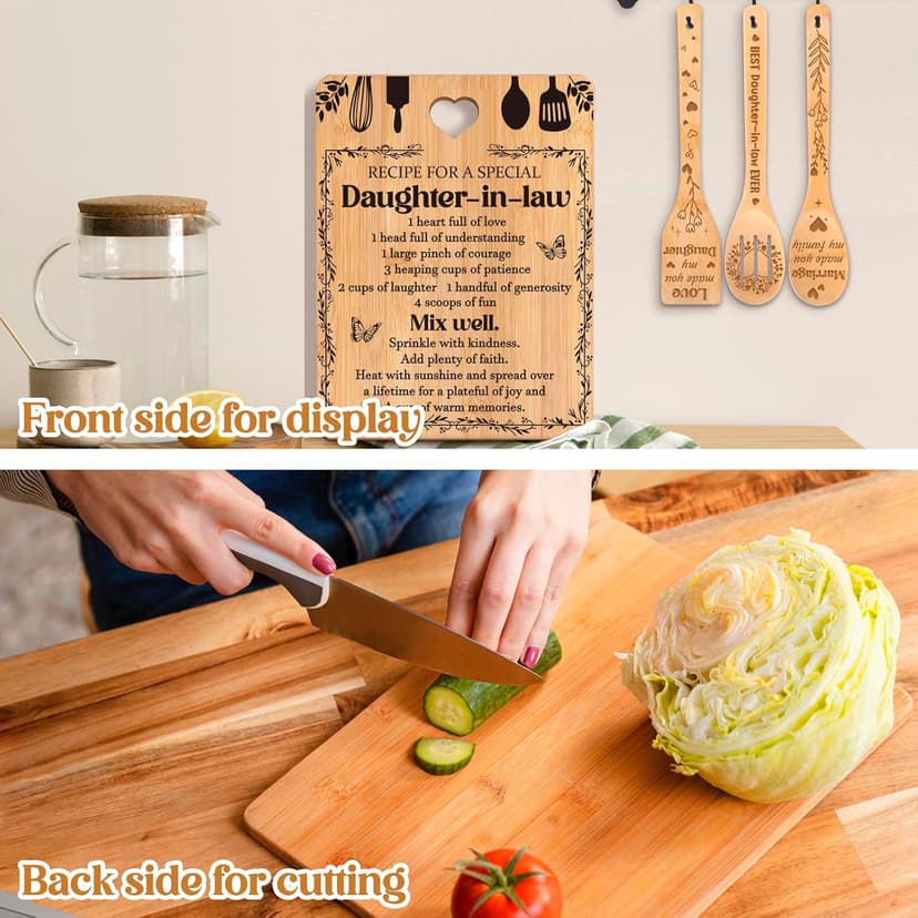 Gifts for Daughter in Law - "Recipe for a Special Daughter-in-Law" Daughter in Law Birthday Gifts Cutting Board Set, Bamboo-Made Engraved Utensil Set Christmas Gifts for Daughter in Law