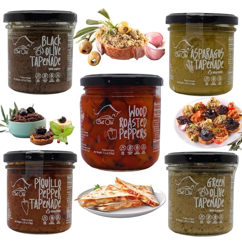 Spanish Gourmet Tapenade Gift Set - 5 Premium Mediterranean Spreads & Sauces | Olive Tapenade, Asparagus, Roasted Peppers & Ketchup | Vegetarian Food Gift Basket from Spain