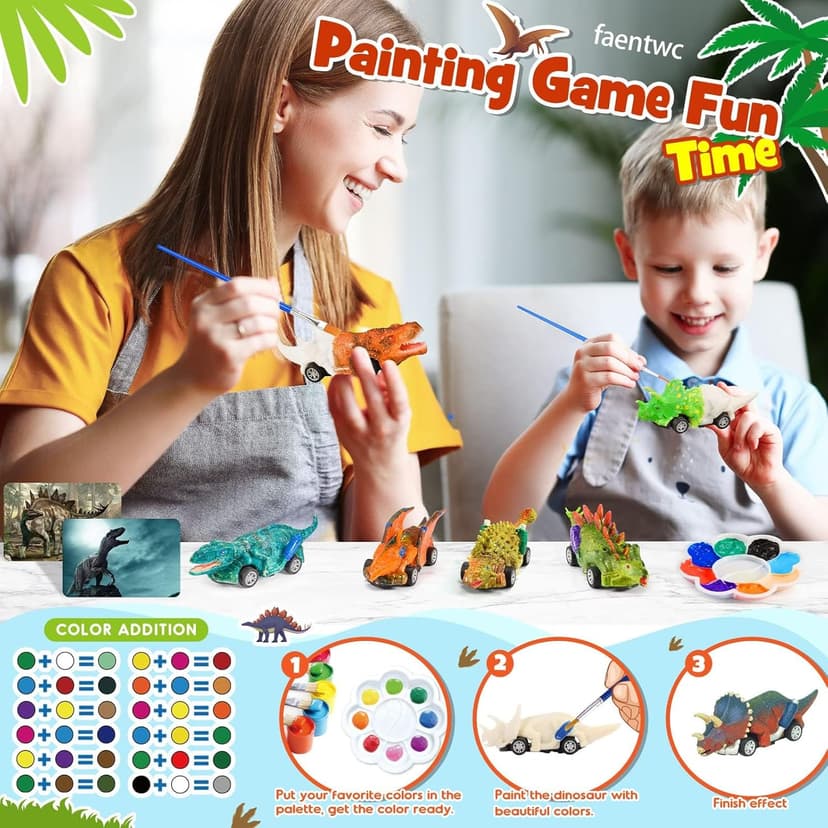 faentwc Dinosaur Painting Toys for Kids 5-7: 2 in 1 Dino Arts Painting Kits and Pull Back Cars Toy for Boys 4 5 6 7 8 9 10 Year Old Art & Craft Set for Girl DIY Easter Birthday Gifts for Kid Age 3-12