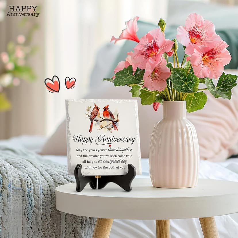 LukieJac Anniversary Couples Gifts - Cardinal Ceramic Plaque - Happy Anniversary Presents for Couples - Romantic Wedding Celebrate Keepsake Desk Decorations Christmas Gift