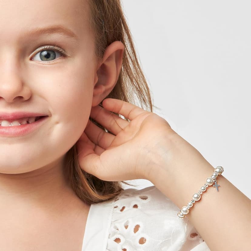 Baby Crystals Pearl Bracelets for Girls, Sterling Silver Cross Charm, Baptism Gifts for Girl, Baby Bracelet with Simulated White Pearls and Crystals, Girls Jewelry Birthday Gift