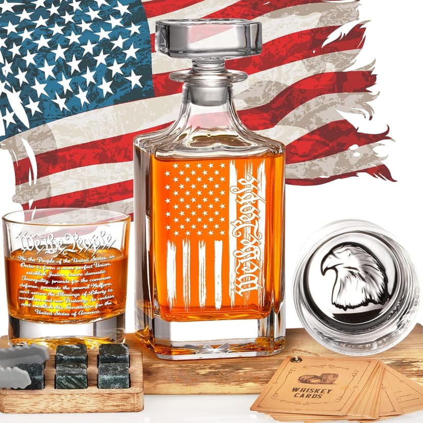 PONPUR Whiskey Decanter Engraved We The People American Flag, 750ml Whiskey Decanter Set with 2 Glasses, Christmas Boss Day Patriotic Birthday Gifts For Men Dad, Liquor Scotch Bourbon Presents