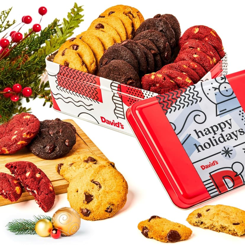 David's Cookies Happy Holidays Mini Cookies in Sweet Sampler Tin - Assorted Mini Christmas Cookies with Chocolate & White Chocolate Chip and Red Velvet - Gourmet Cookie Gift Basket for Christmas 14oz