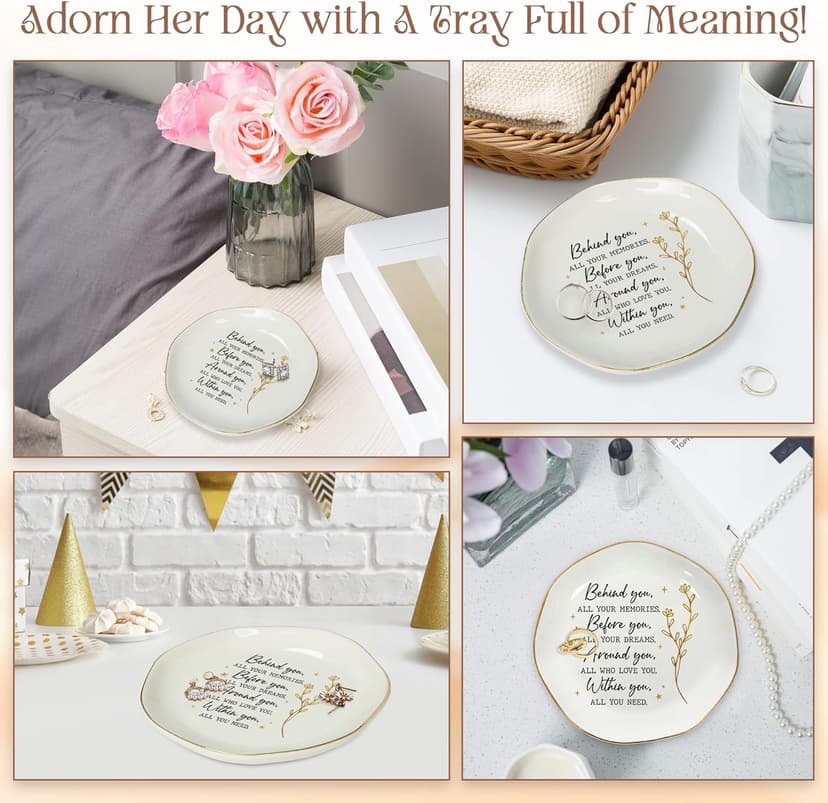 OASSIE Graduation Gifts for Women - 4"x4" Round-Shaped Ceramic Jewelry Dish Tray - Thank You Inspiration College High School Graduation Gifts for Her Friends Sister Women, Decorative Trinket Dish