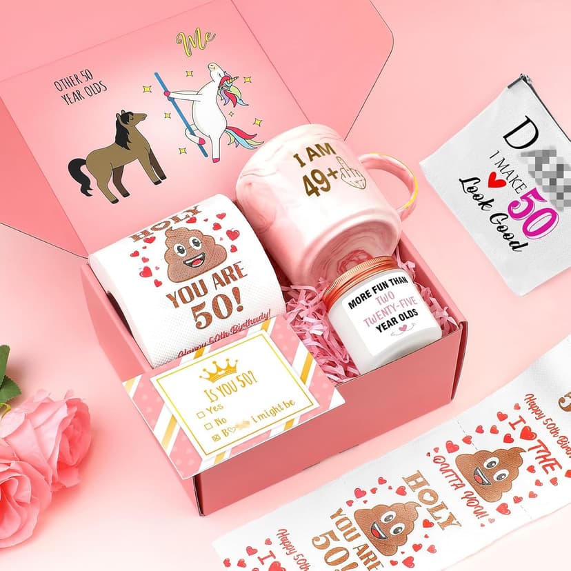 50th Birthday Gifts for Her Funny Happy 50th Birthday Decorations for Women 50 Year Old Gifts for Woman 50 and Fabulous Gift for Woman Sister Mom Best Friend Wife - Coffee Mug Makeup Bag Toilet Paper