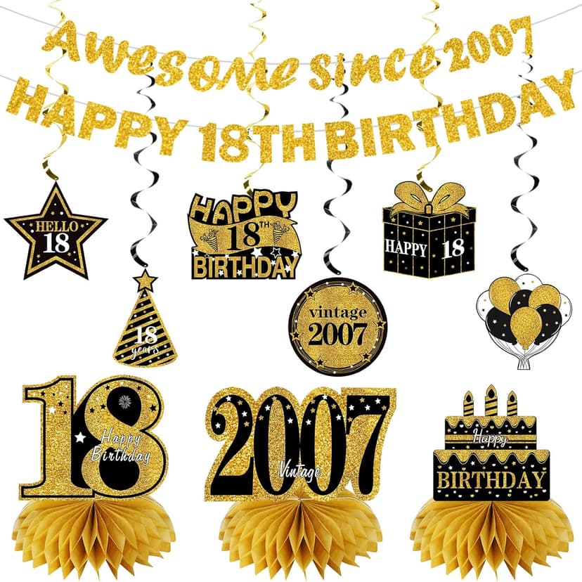 11Pcs 18th Birthday Decorations Kit for Men Women, Black Gold Happy 18th Birthday Banner, Awesome Since 2007 Centerpieces Swirls Party Supplies, Eighteen Bday Banner Ceiling Table Topper Sign