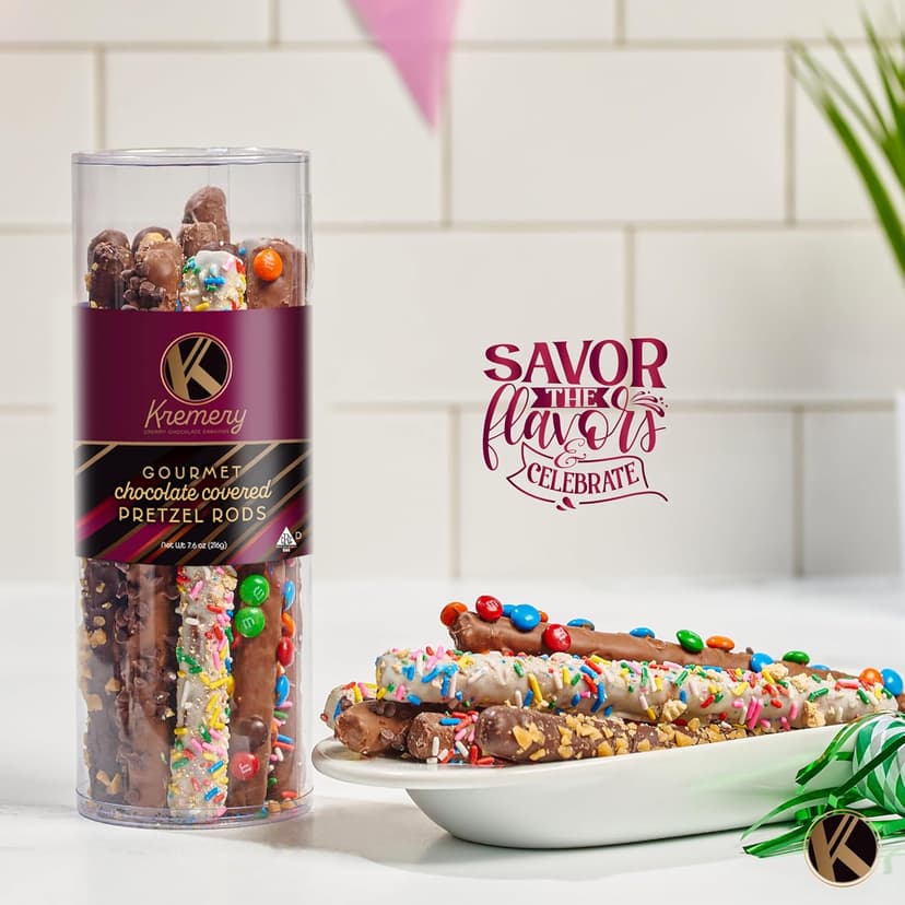 KREMERY Creamy Chocolate Cravings - Holiday Christmas Chocolate Covered Pretzel Rods Gift Basket, in Clear Tube (8 Pretzels, Assorted Sweet Toppings) Xmas Treats Food Arrangement, Kosher