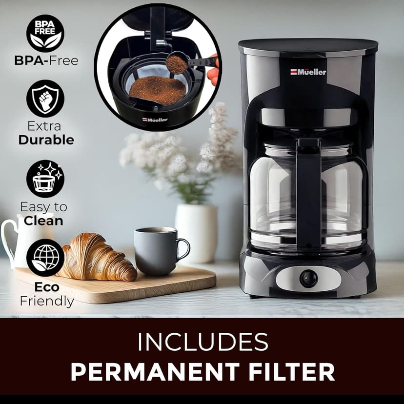 Mueller 12-Cup Drip Coffee Maker - Borosilicate Carafe, Auto-Off, Reusable Filter, Anti-Drip, Keep-Warm Function, Clear Water Level Window Coffee Machine, Kitchen Essentials & Accessories