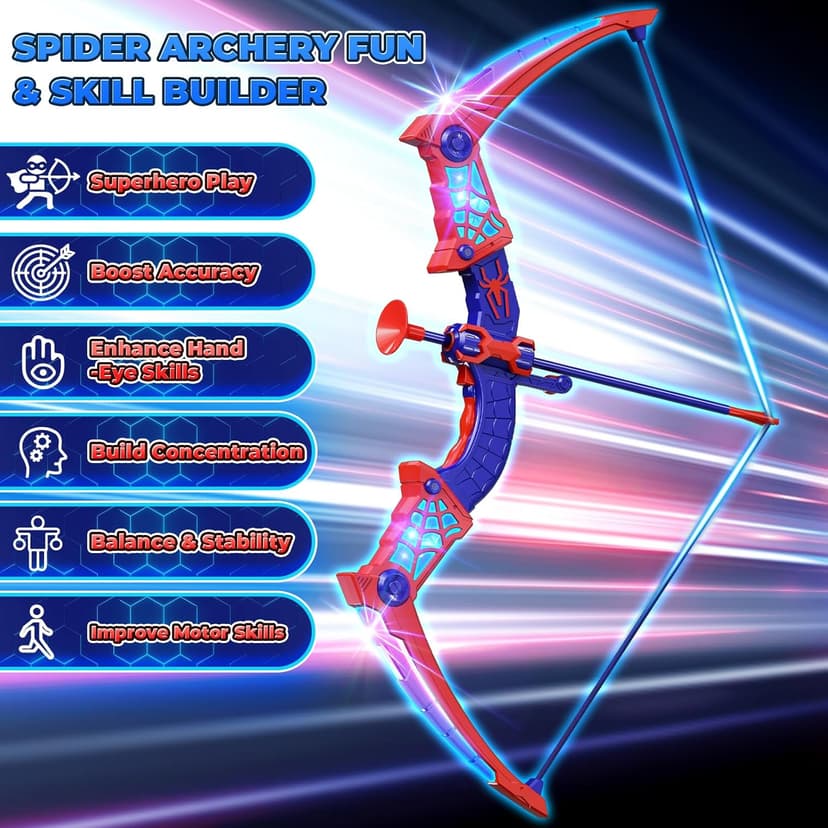 Spider Toys for Boys Age 3-4 4-6 6-8 8-12, Kids Toy BowArrow Shooting Set with Red & Blue LED Lights, Spider Quiver & Web Target, 8 Suction Cup Arrows, Toys Gifts for 3 4 5 6 7 8 9 10 12 Year Old Boys