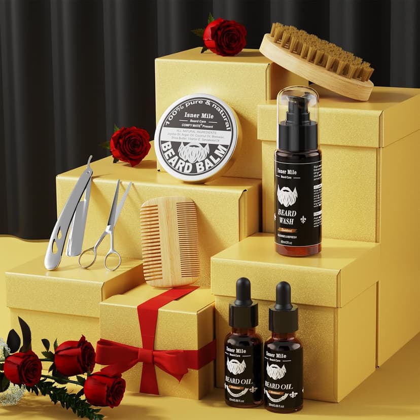 Isner Mile Beard Grooming Kit for Men Care: Trimming Sets with Beard Wash - Oil - Balm - Brush - Comb & Straight Razor, Birthday Christmas Gifts Mens Stocking Stuffers for Him Boyfriend Dad Husband