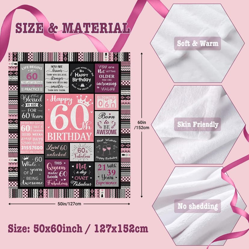 60th Birthday Gifts for Women Throw Blanket 60”X50”, Happy 60th Birthday Decorations Gift Ideas for 60 Year Old Woman, 1965 Bday Gifts for Mom Grandma