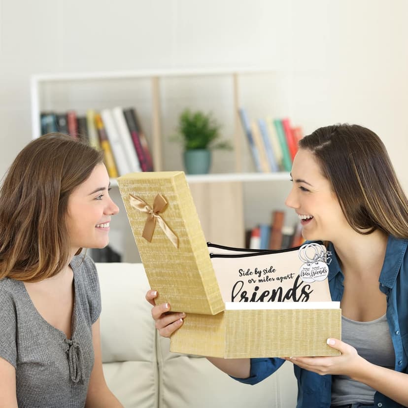 Kolewo4ever 12pc Friend Appreciation Gift Set: 6 Cosmetic Bags & 6 Keychains, White, Letter Print, Zipper Closure, Lightweight, Easy to Clean, Durable, Women Adults, Gift, Travel, Organization