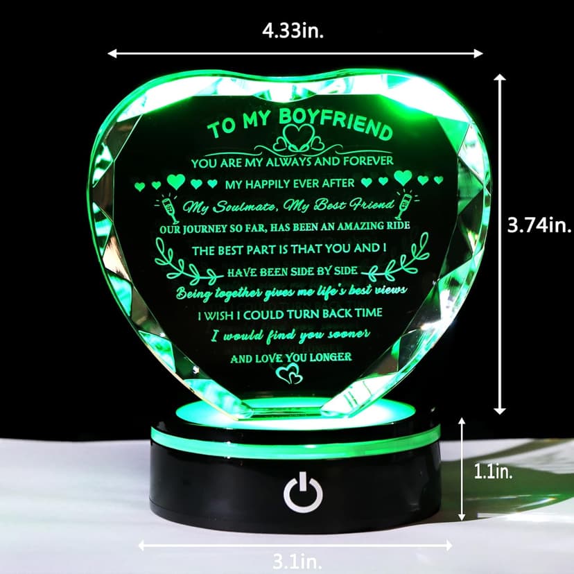 YWHL Gifts for Boyfriend with Colorful LED Base Unique Birthday Gift Ideas from Girlfriend Romantic Heart Crystal Keepsakes to My Anniversary Christmas Valentine Day Clear 4.33*3.74*.1.18