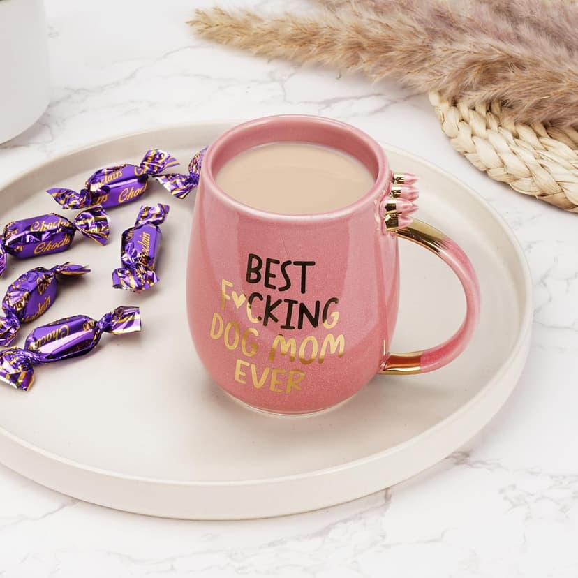 Hendson Dog Mom Gifts - Best Dog Mom Ever - Funny Birthday Gift For Dog Lovers Women - Gag Gifts for New Puppy Fur Baby Owners - Fur Mama Presents, Pitpull Pug - Coffee Cup, 13oz Pink Amethyst Series
