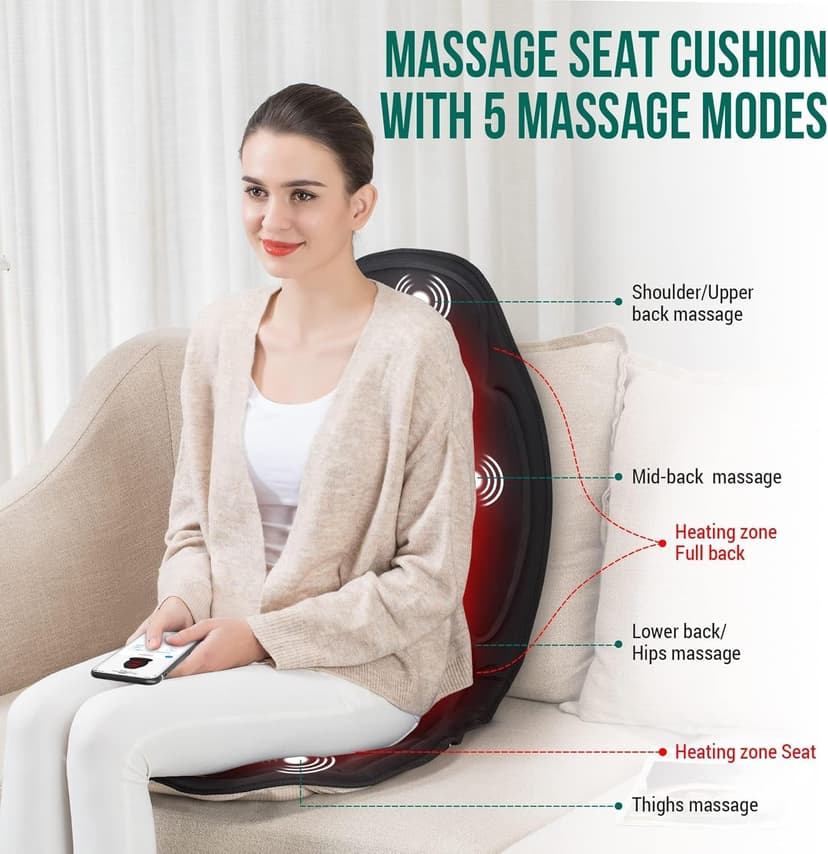 Snailax Vibration Back Massager with Heat, Massage Seat Cushion with 6 Vibrating Motors and 2 Heat Levels, Massage Chair Pad for Home Office use, Gifts for Him Her