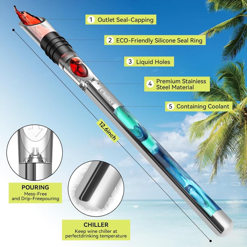 Wine Chiller - Wine Cooler Stick, 3 in 1 Stainless Steel Wine Bottle Chiller with Aerator and Pourer, The Best Holiday Gifts.