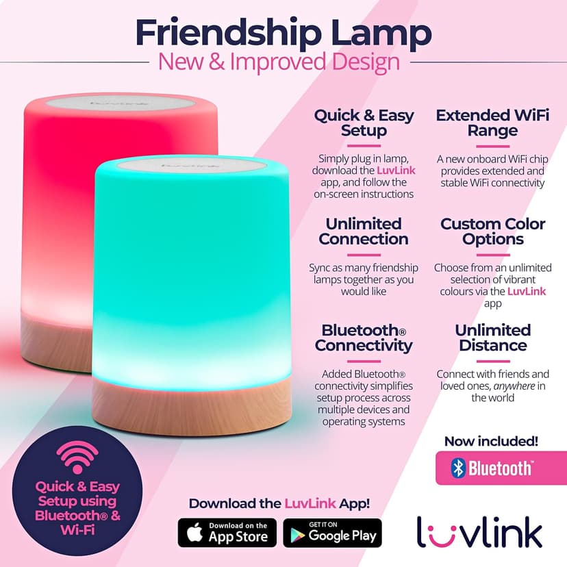 Friendship Lamps by LuvLink – No Subscription WiFi Touch Lamp for Long Distance Relationships, Couples, Friends & Family - Gift Ready (Set of Two)