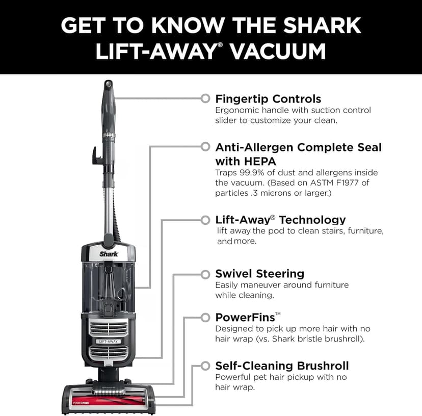 Shark UV730 Navigator Lift-Away Upright Vacuum, PowerFins HairPro Self-Cleaning Brushroll, HEPA Filter with Anti-Allergen Technology, LED Headlights, Swivel Steering, Gray (Renewed)
