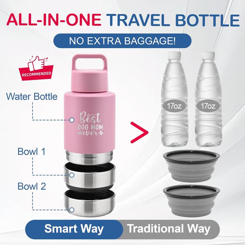 Insulated Dog Travel Water Bottle With Detachable Bowls, Ideal Dog Mom Gifts for Women, Portable Water Bottle Dispenser, For Walking, Hiking, Camping, Outdoor (Pink:Best Dog Mom, 32 Oz)