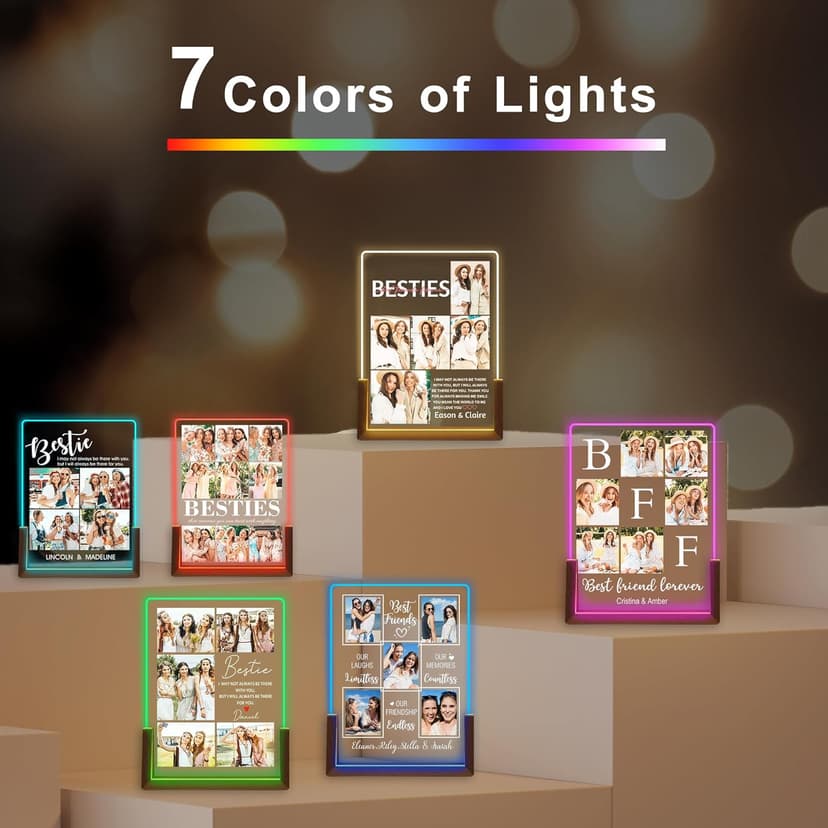 Personalized Best Friend Birthday Gifts for Women, Custom Acrylic Plaque Printed Walnut Picture Frame With LED Night Light, Personalized Christmas Gifts for Friendship, Friend, Women, Besties, BFF