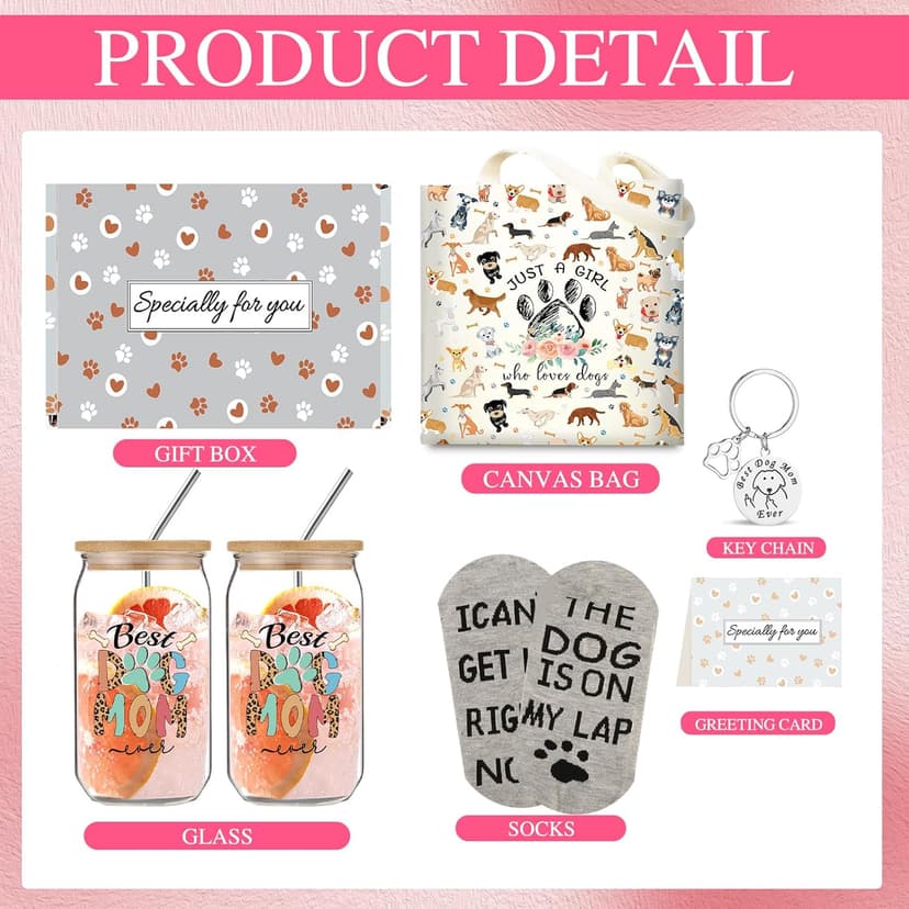 Dog Mom Gifts for Women, 16OZ Glass Cup Unique Christmas Gifts Idea Box set with Socks for Dog Lovers, Dog Mom Birthday Mothers Day Gifts Basket