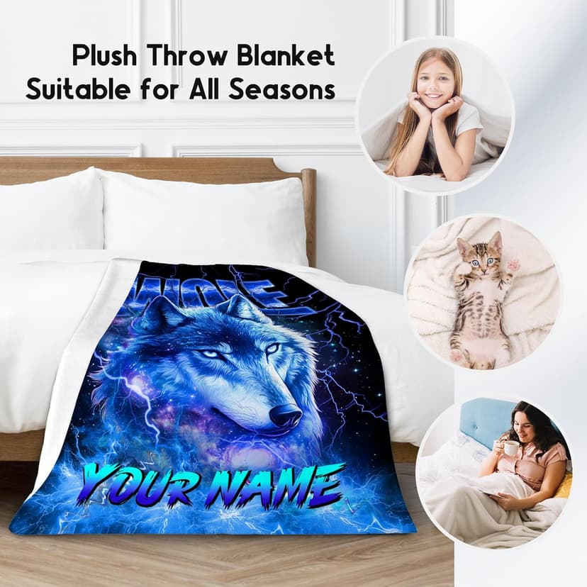 Boys Blanket Personalized Wolf Blankets Gifts for Kids, Warm Flannel Custom Throw for Boys (4 Sizes)