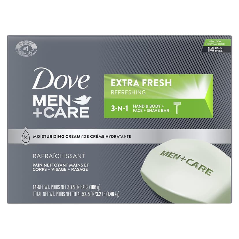 DOVE MEN + CARE Dove Men+Care Bar 3 in 1 Cleanser for Body, Face, and Shaving Extra Fresh 14 Bars to Clean and Hydrate Skin Body and Facial Cleanser Mandarin Citrus, Patchouli, and Rosemary scent 3.75 oz