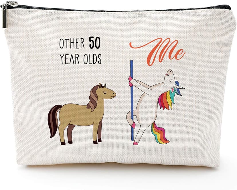 Blue Leaves 50th Birthday Gifts for Women - 1975 Birthday Gifts for Women, 50 Years Old Birthday Gifts Makeup Bag for Mom, Wife, Friend, Sister, Her, Colleague, Coworker(Makeup bag-50th Unicorn)