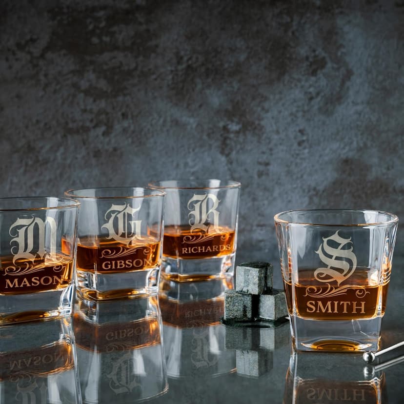 Amazing Items Set of 4 - Personalized Whiskey Glasses w/Name & Initial - 9 Designs - 9 oz, Limited Edition Monogrammed Rocks Glasses for Men, Dad Gifts