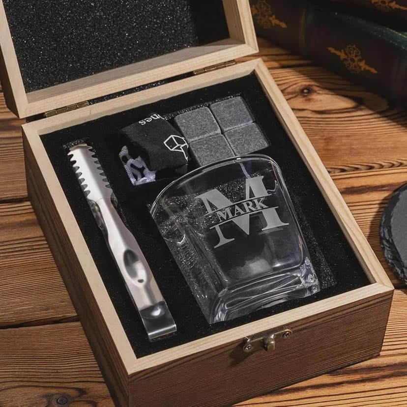 Personalized Monogram Whiskey Set, Wooden Whiskey Set Gifts - Engraved Drinking Glass, Bourbon Gifts Box for Dad, Scotch Set Gift for Groomsman