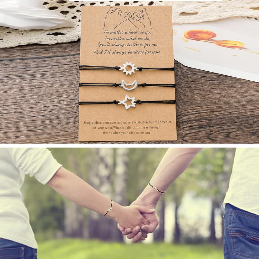 GUMOTCY 3 PCS Friendship Bracelets for 3 Best Friend Couples with Moon Sun Star Adjustable Handmade Cord Relationship Bracelets