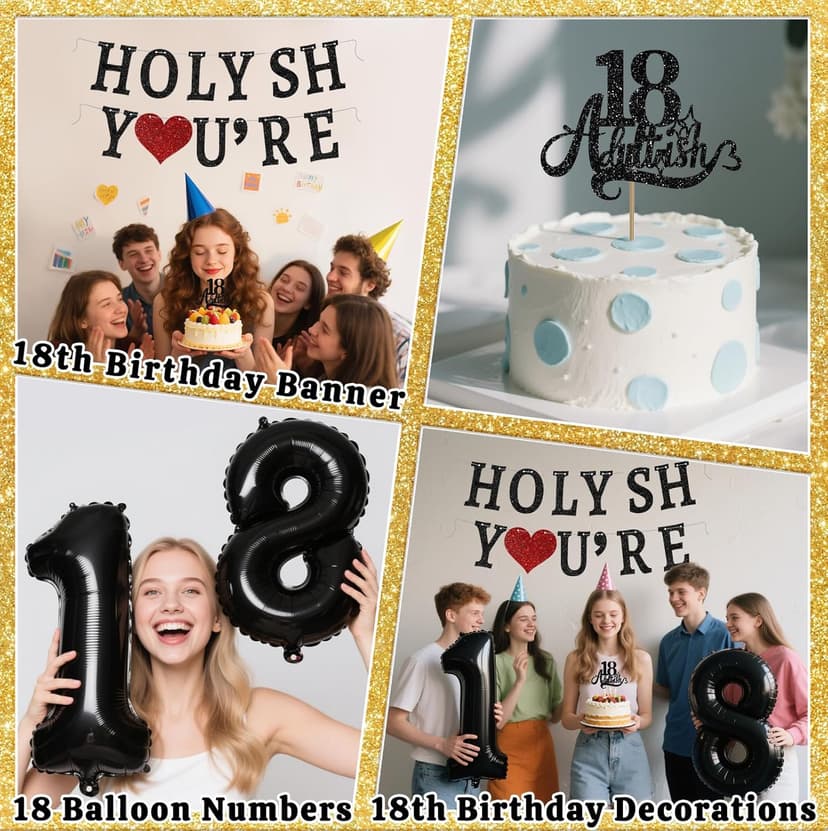Funny 18th Birthday Decorations for Girls Boys - Glitter 18th Birthday Banner, Adultish Cake Topper &18 Balloon Numbers Set - 18 Years Old Gifts Party Decorations Supplies