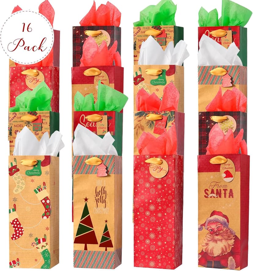 Nihuecne 16 Pack Christmas Wine Bags with Tags & Tissue Paper for Xmas Holiday Gift Wrap,8 Designs (5 x 13 x 4 In)