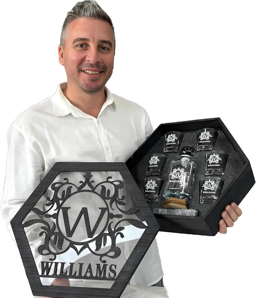 Personalized Whiskey Decanter Set for Men Home Bar Custom Liquor Decanters Wooden Box Whiskey Glasses Set Gifts for Husband Dad Men Cave Christmas Birthday Anniversary Valentine‘s Day