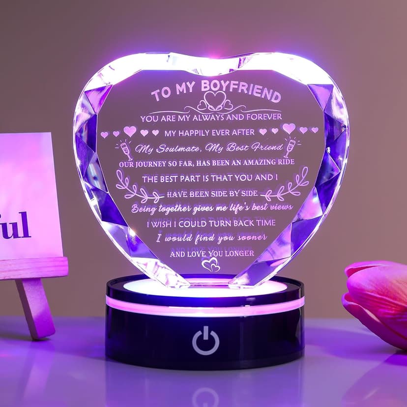 YWHL Gifts for Boyfriend with Colorful LED Base Unique Birthday Gift Ideas from Girlfriend Romantic Heart Crystal Keepsakes to My Anniversary Christmas Valentine Day Clear 4.33*3.74*.1.18