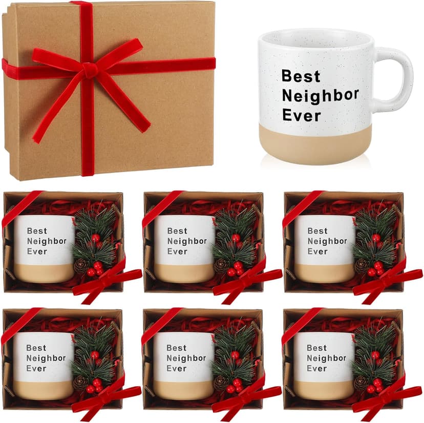 6 Set Christmas Gifts for Neighbors Best Good Neighbor Ever Gifts Ceramic Coffee Mugs Set with Box, Ribbon, Pine Branch for Xmas Holiday Neighborhood Treats Housewarming Goodbye Farewell Appreciation