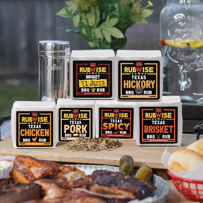 RubWise Texas Style BBQ Rub Gift Set (6 x 1 lb bags) | Meat Spice and Seasoning Variety Pack | Smoking & Grilling Gifts for Men | Brisket Rubs, Chicken, Pork, Hickory, Spicy, El Jefe | Shaker Included