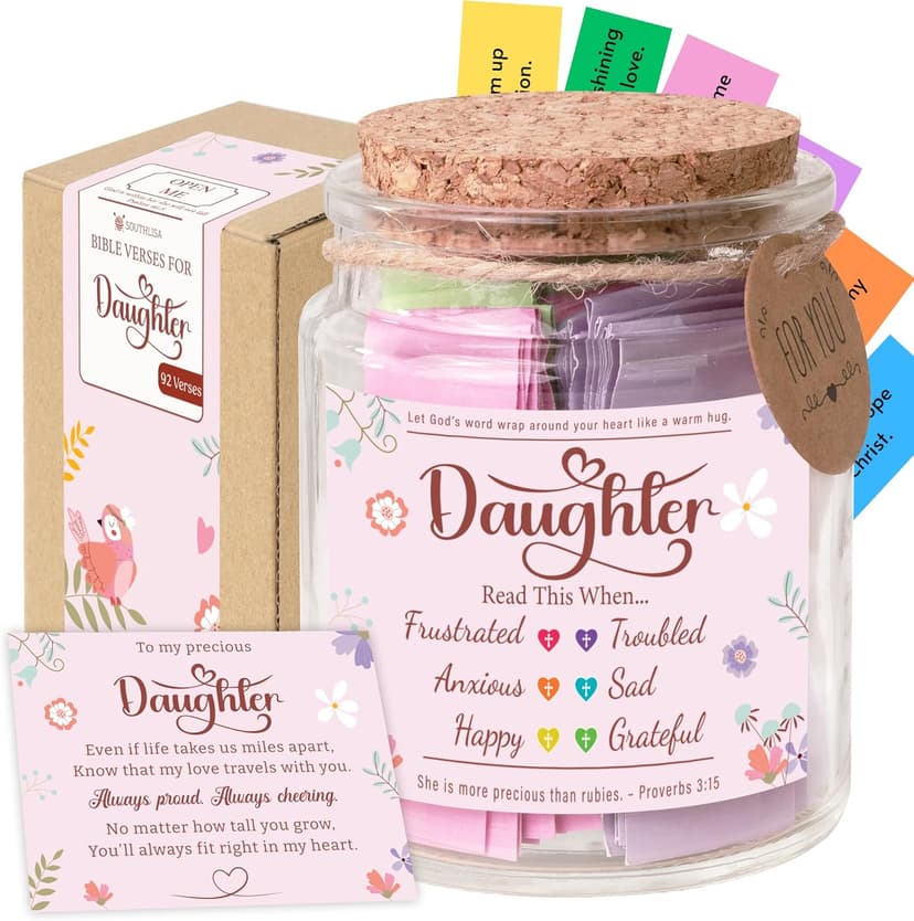 Bible Verse Jar for Daughter – 92 Encouraging Scriptures by Emotion, Christian Gift from Mom or Dad, Inspirational Jar for Teen Girls & Adult Daughter