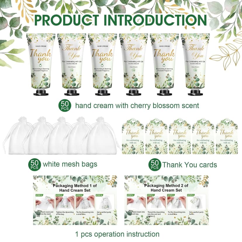 50 Pack Bulk Hand Cream Gifts Sets, Wedding Party Favors, Bridal Shower Gifts and Baby Shower Party Favors for Guests with Organza Bag and Thank You Card, Bulk Thank You Gifts for Women(Eucalyptus)